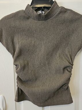 Zara Brown Textured Mock Neck Short Sleeve Top with Side Ruching